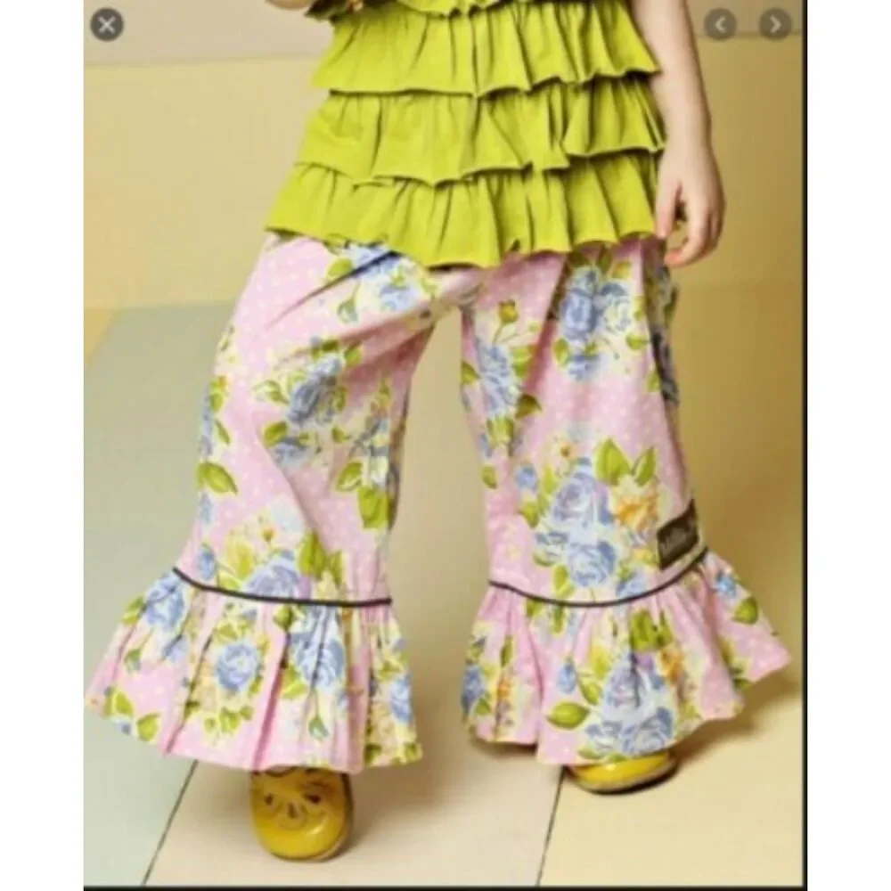 Matilda Jane girls pants 8 10 big ruffles Good Hart maple sugar pink blue flower
